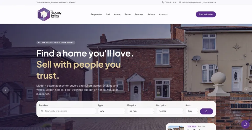 Homepage of The Property Selling Company website