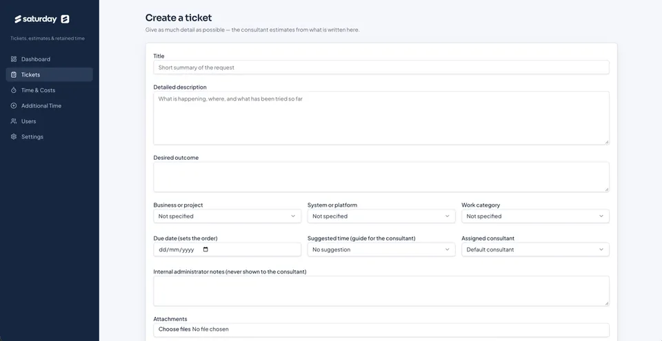 Saturday form for creating and scoping a contractor ticket
