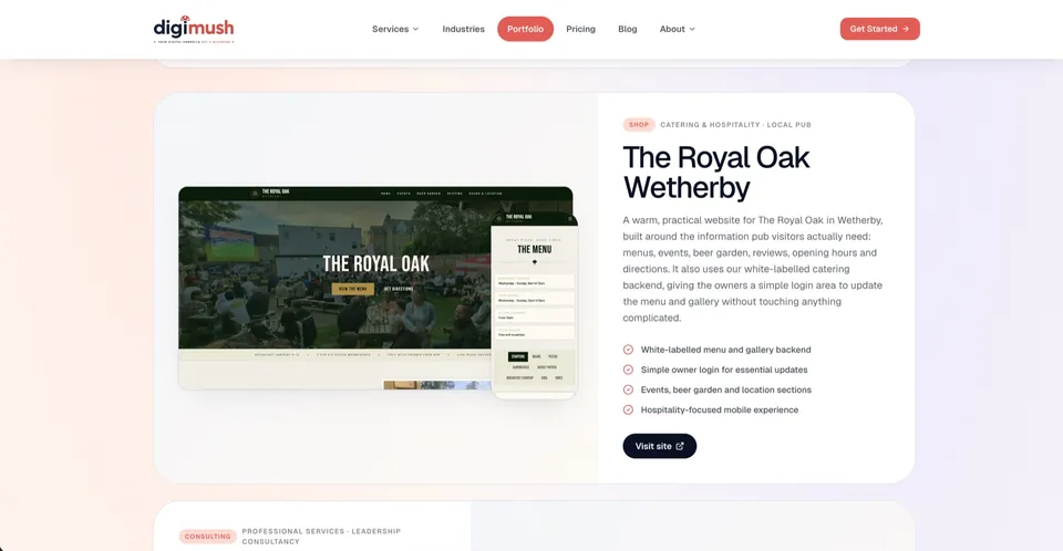 Digimush portfolio page featuring a responsive hospitality website