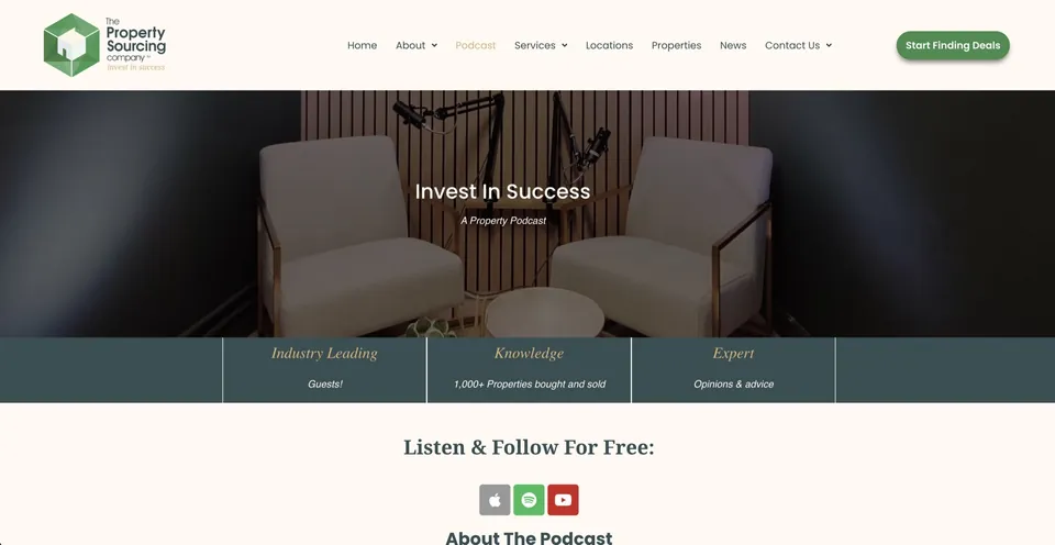 Invest In Success podcast landing page on The Property Sourcing Company website