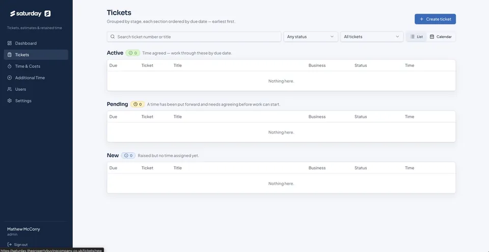 Saturday ticket management screen grouped by delivery stage