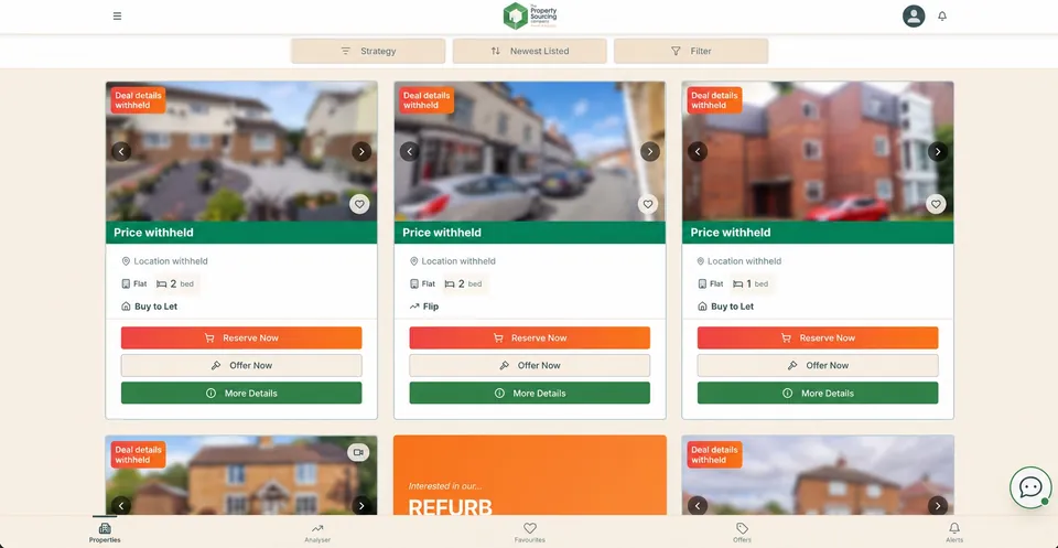 Anonymised Prop Sourcing App property listings interface