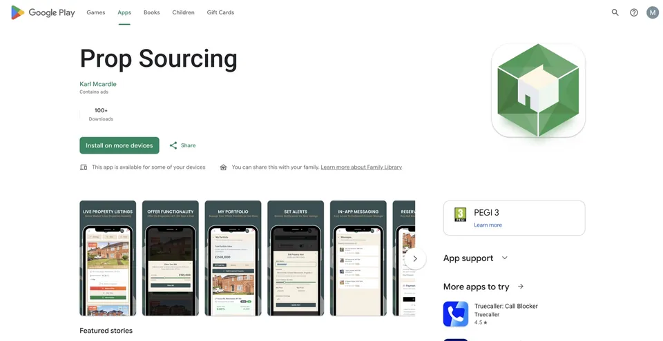 Prop Sourcing App listing in Google Play