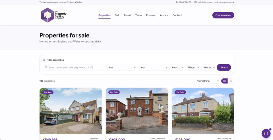 Property listings and filter interface on The Property Selling Company website