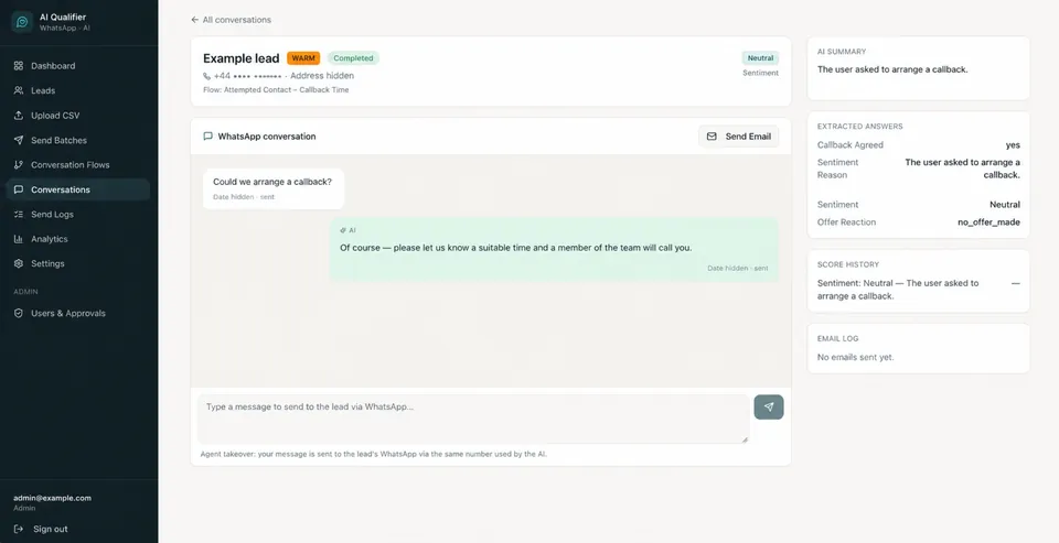 Fictional WhatsApp conversation with AI summary and extracted answers