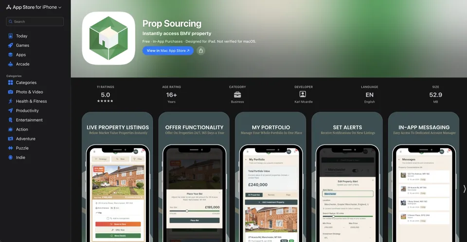 Prop Sourcing App listing in the Apple App Store